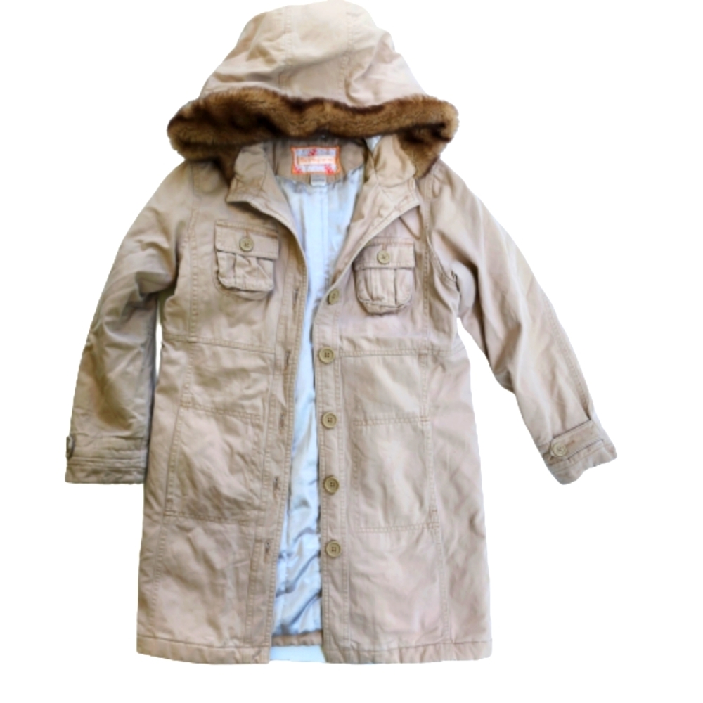 Girl's M Old Navy Khaki Cargo Trench Normcore Hooded Cottagecore Kidcore Coat